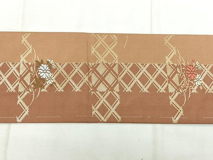 平和屋着物◎九寸名古屋帯　本唐織　格子花文　金糸　正絹　逸品　BAAX4779qw