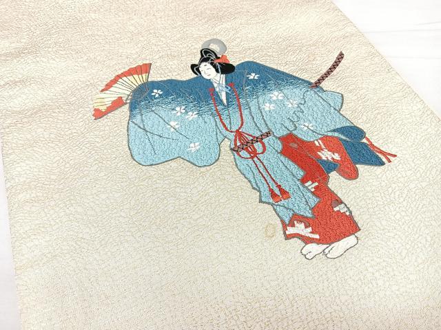 平和屋着物◎九寸開き名古屋帯　総刺繍　人物文　金糸　正絹　逸品　BAAX4780qw