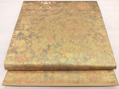 平和屋着物◎西陣　服部織物謹製　六通柄袋帯　花鳥文　こはく錦　手工芸　金糸　引箔　正絹　逸品　BAAX4781qw