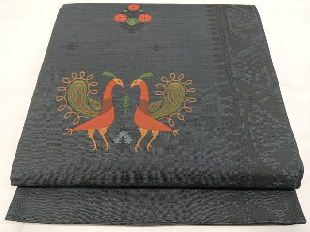 平和屋着物◎六通柄袋帯　茶香美　花鳥文　正絹　逸品　BAAX4787qw
