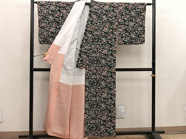 平和屋着物●上質な小紋　草花文　黒地　正絹　逸品　未使用　DABC3438az 平和屋着物□上質な小紋 草花文 黒地 正絹 逸品 BAAX4805mz