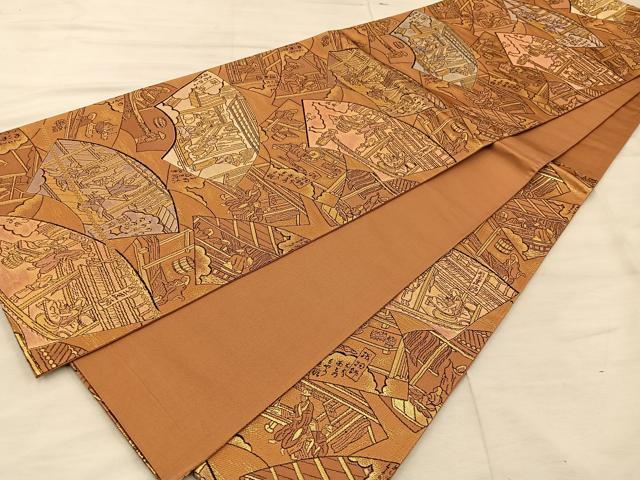 平和屋着物◎六通柄袋帯 地紙重ね人物風景文 金糸 正絹 逸品 BAAX4827mz