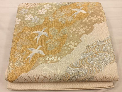 平和屋着物◎太鼓柄袋帯 明綴 花鳥文 プラチナ箔 正絹 逸品 BAAX4833mz