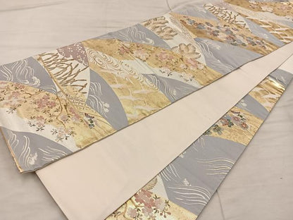 平和屋着物◎六通柄袋帯 飛鶴花文 黄純 金糸 正絹 逸品 BAAX4841mz