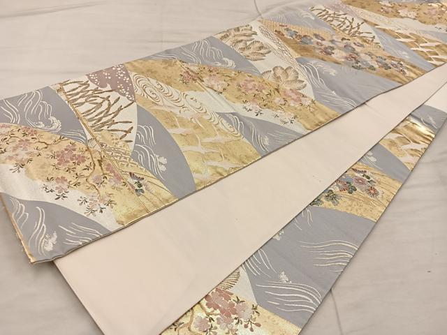 平和屋着物◎六通柄袋帯 飛鶴花文 黄純 金糸 正絹 逸品 BAAX4841mz
