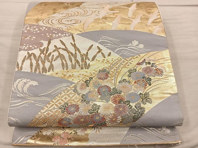 平和屋着物◎六通柄袋帯 飛鶴花文 黄純 金糸 正絹 逸品 BAAX4841mz