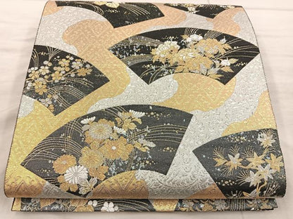 平和屋着物◎六通柄袋帯 地紙花文 黒地 金銀糸 やまと誂製 正絹 逸品 BAAX4852mz