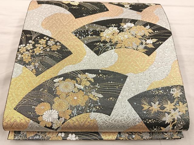 平和屋着物◎六通柄袋帯 地紙花文 黒地 金銀糸 やまと誂製 正絹 逸品 BAAX4852mz