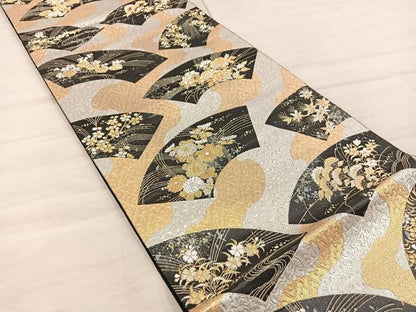 平和屋着物◎六通柄袋帯 地紙花文 黒地 金銀糸 やまと誂製 正絹 逸品 BAAX4852mz