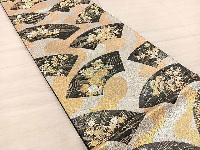 平和屋着物◎六通柄袋帯 地紙花文 黒地 金銀糸 やまと誂製 正絹 逸品 BAAX4852mz
