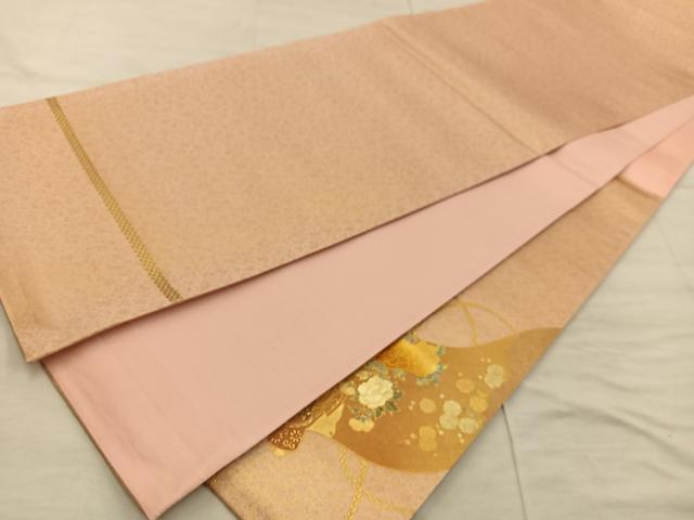 平和屋着物◎太鼓柄袋帯 鴛鴦御所車花文 金彩 正絹 逸品 未使用 BAAX4853mz