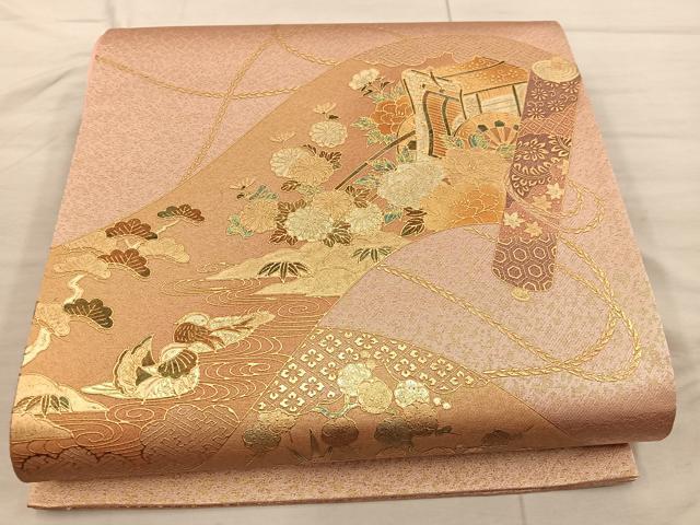 平和屋着物◎太鼓柄袋帯 鴛鴦御所車花文 金彩 正絹 逸品 未使用 BAAX4853mz