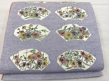 平和屋着物●太鼓柄袋帯　紬地　型染め　草花文　正絹　逸品　BAAX4859mz