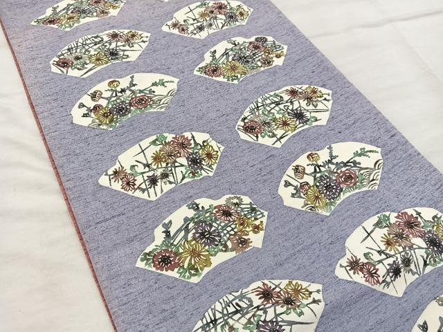 平和屋着物●太鼓柄袋帯　紬地　型染め　草花文　正絹　逸品　BAAX4859mz