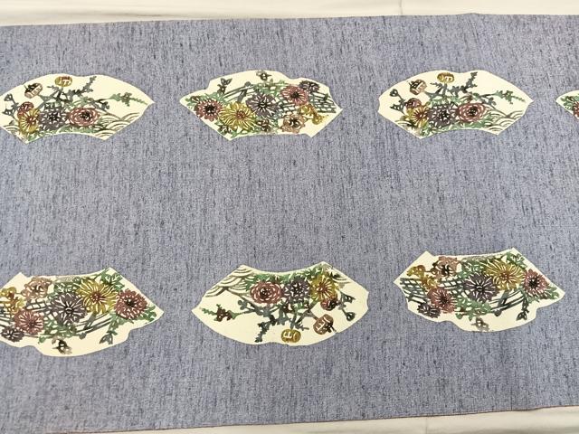 平和屋着物●太鼓柄袋帯　紬地　型染め　草花文　正絹　逸品　BAAX4859mz