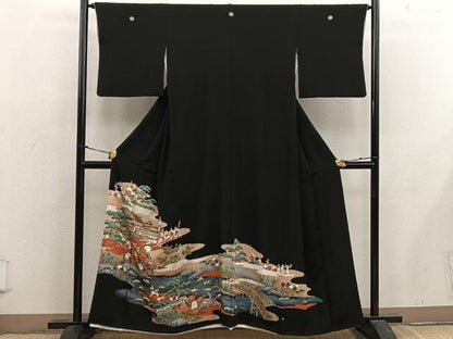 平和屋着物■豪華黒留袖 駒刺繍 風景花文 金彩 正絹 逸品 BAAX4901mz