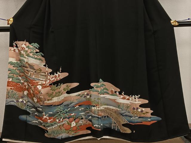 平和屋着物■豪華黒留袖 駒刺繍 風景花文 金彩 正絹 逸品 BAAX4901mz