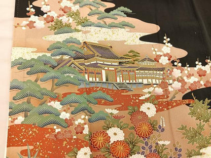 平和屋着物■豪華黒留袖 駒刺繍 風景花文 金彩 正絹 逸品 BAAX4901mz