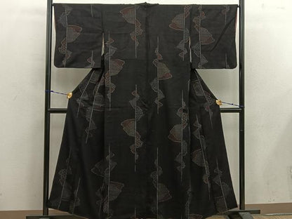 平和屋着物■上質な紬 80亀甲 七宝文 黒地 正絹 逸品 BAAX4930mz