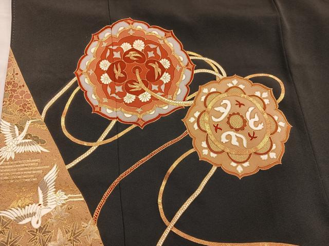 平和屋着物■豪華黒留袖 駒刺繍 飛鶴花文 金彩 正絹 逸品 BAAX4944mz