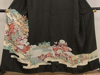 平和屋着物■豪華黒留袖 刺繍 草花文 銀彩 正絹 逸品 BAAX4947mz
