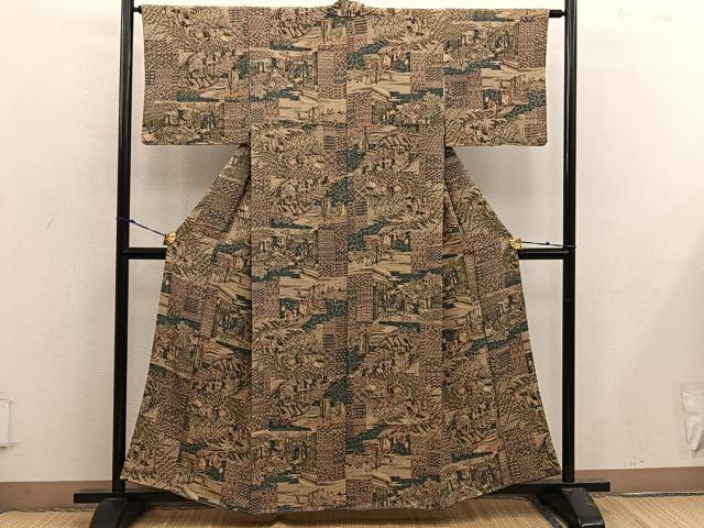 平和屋着物■上質な小紋 人物風景文 鬼しぼ縮緬 正絹 逸品 BAAX4961mz