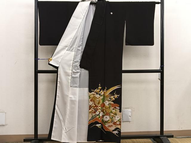 平和屋着物■豪華黒留袖 駒刺繍 花鳥文 金彩 洗える着物 BAAX4985mz