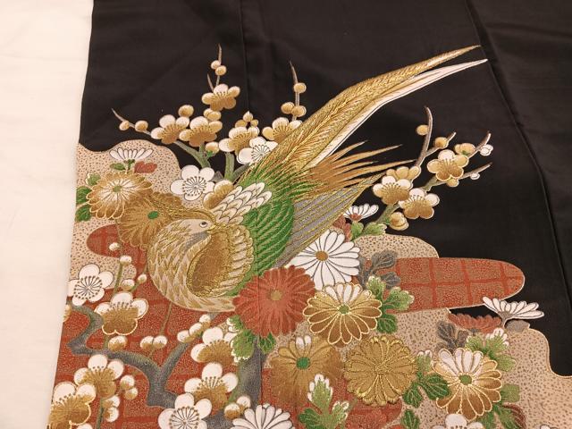 平和屋着物■豪華黒留袖 駒刺繍 花鳥文 金彩 洗える着物 BAAX4985mz
