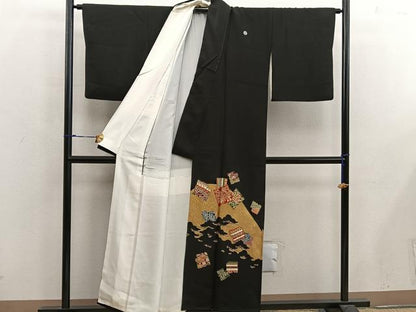 平和屋着物■豪華黒留袖 駒刺繍 草花文 金彩 正絹 逸品 BAAX5014mz
