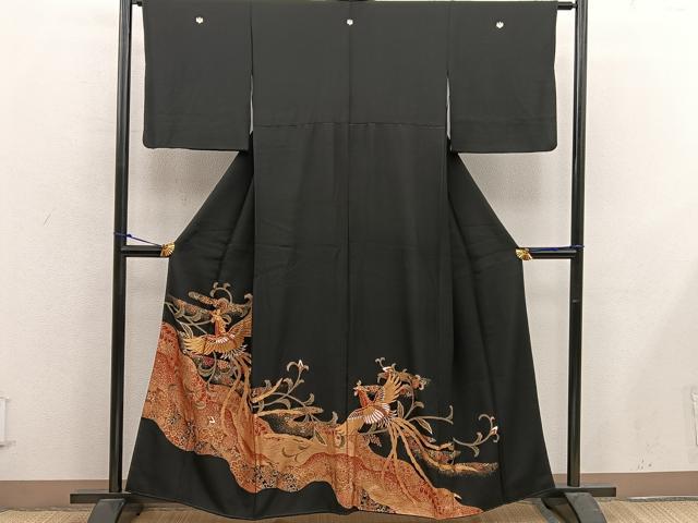 平和屋着物■豪華黒留袖　駒刺繍　鳳凰花文　金彩　正絹　逸品　BAAX5034mz