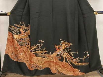 平和屋着物■豪華黒留袖　駒刺繍　鳳凰花文　金彩　正絹　逸品　BAAX5034mz