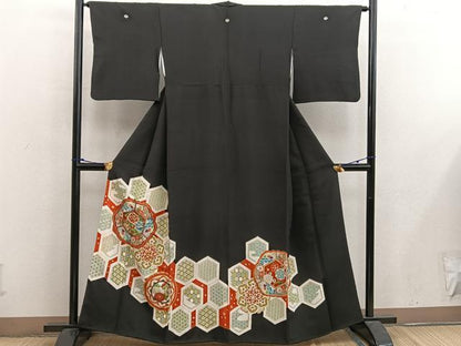 平和屋着物■豪華黒留袖 駒刺繍 亀甲牡丹花文 金彩 正絹 逸品 BAAX5044mz
