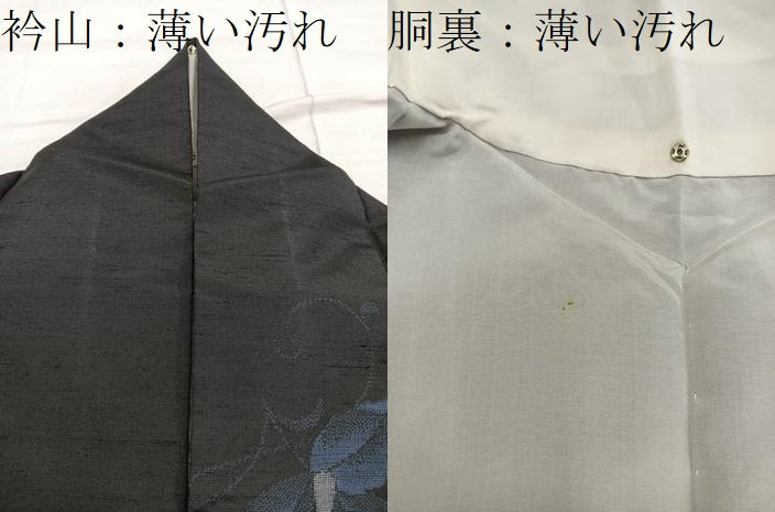 平和屋着物■上質な紬　草花文　黒地　正絹　逸品　BAAX5045mz