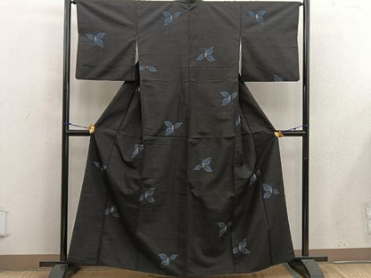 平和屋着物■上質な紬　草花文　黒地　正絹　逸品　BAAX5045mz