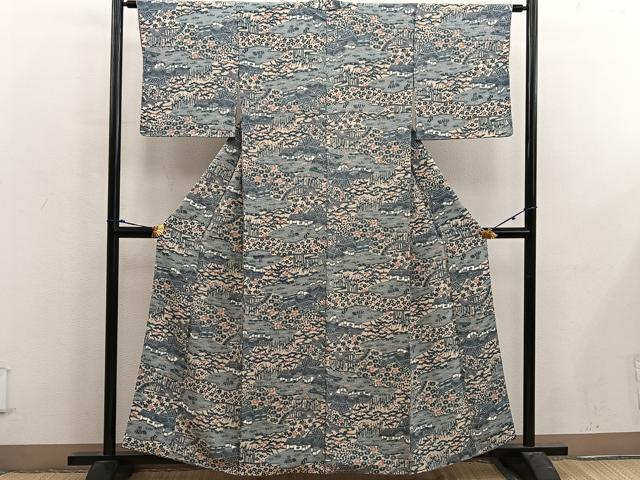 平和屋着物■上質な小紋 型染め 風景花文 鬼しぼ縮緬 正絹 逸品 BAAX5055mz