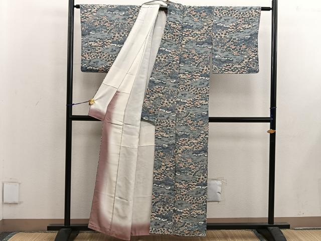 平和屋着物■上質な小紋 型染め 風景花文 鬼しぼ縮緬 正絹 逸品 BAAX5055mz
