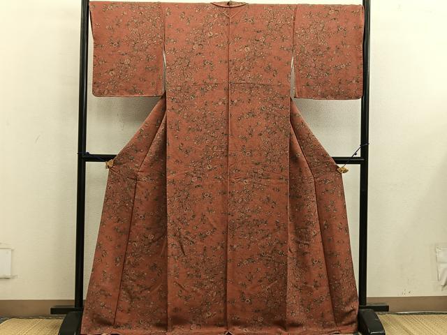 平和屋着物■上質な小紋 更紗枝花文 鬼しぼ縮緬 正絹 逸品 BAAX5056mz