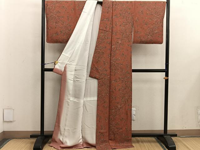 平和屋着物■上質な小紋 更紗枝花文 鬼しぼ縮緬 正絹 逸品 BAAX5056mz