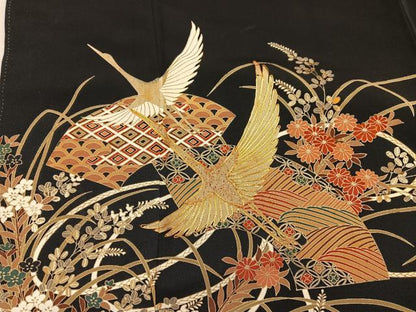 平和屋着物■豪華黒留袖　駒刺繍　地紙重ね飛鶴花文　金彩　正絹　逸品　BAAX5078mz