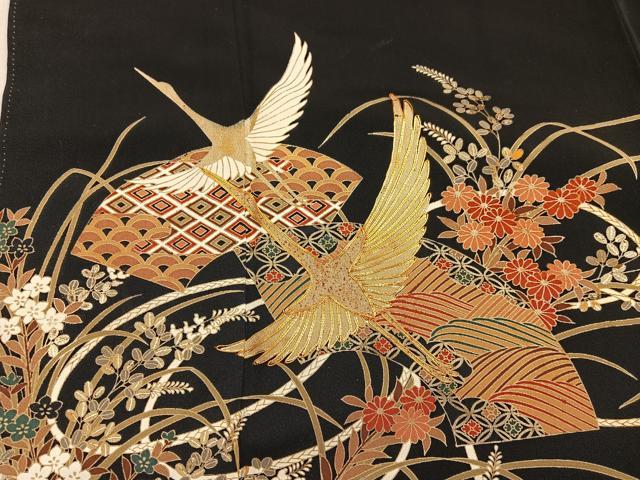 平和屋着物■豪華黒留袖　駒刺繍　地紙重ね飛鶴花文　金彩　正絹　逸品　BAAX5078mz