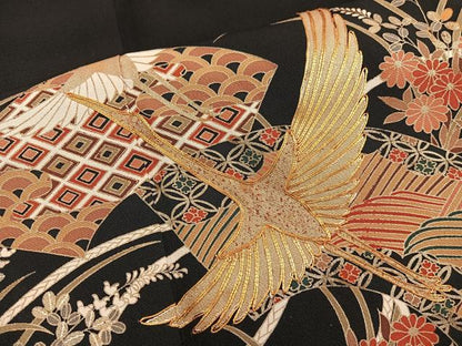 平和屋着物■豪華黒留袖　駒刺繍　地紙重ね飛鶴花文　金彩　正絹　逸品　BAAX5078mz