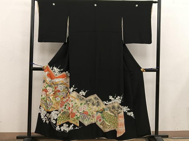平和屋着物■豪華黒留袖　駒刺繍　飛鶴花鳥文　金彩　正絹　逸品　BAAX5093mz