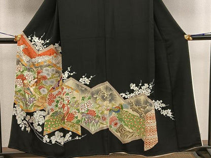 平和屋着物■豪華黒留袖　駒刺繍　飛鶴花鳥文　金彩　正絹　逸品　BAAX5093mz