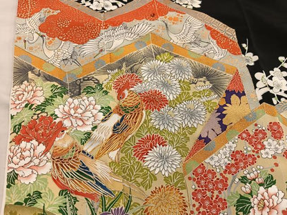 平和屋着物■豪華黒留袖　駒刺繍　飛鶴花鳥文　金彩　正絹　逸品　BAAX5093mz