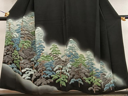 平和屋着物■豪華黒留袖　刺繍　枝松文　暈し染め　金糸　正絹　逸品　BAAX5125mz