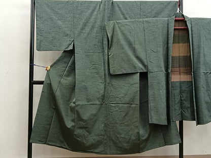 平和屋着物■男性　紬　アンサンブル　黒緑色　正絹　逸品　BAAX5198mz