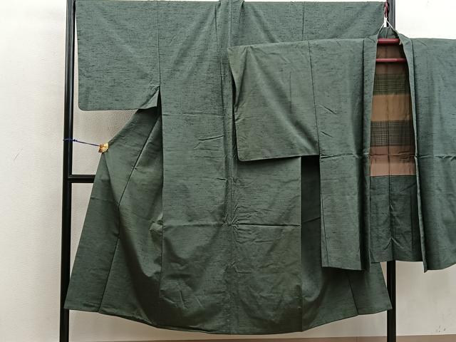 平和屋着物■男性　紬　アンサンブル　黒緑色　正絹　逸品　BAAX5198mz