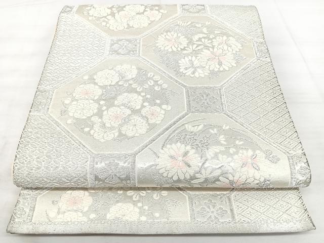 平和屋着物◎六通柄袋帯　蜀江花文　銀糸　正絹　逸品　BAAX5212qw