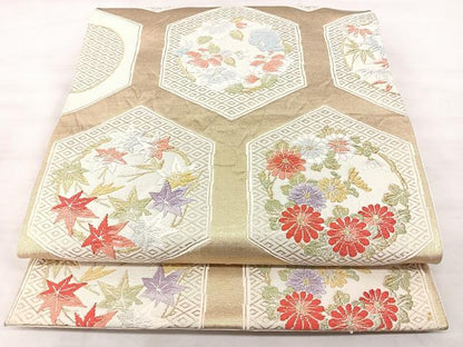 平和屋着物◎六通柄袋帯　唐織　亀甲花文　金銀糸　正絹　逸品　BAAX5217qw