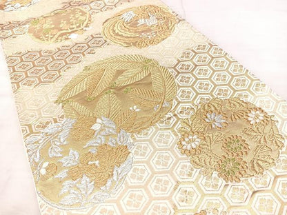 平和屋着物◎六通柄袋帯　鳳凰花丸文　金糸　引箔　正絹　逸品　BAAX5219qw